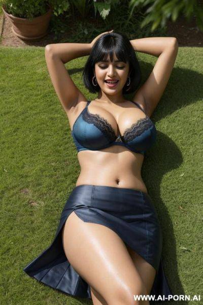 Indian woman, 20 years, short straight hair, black hair, bangs, voluptuous, natural boobs, naval piercing, blue bra, blue skirt, lying on grass, hands up, garden, seductive smile, open mouth, orgasm, closed eyes, view from top - ai-porn.ai - India on pornintellect.com