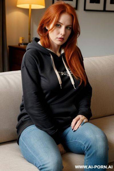 French woman, messy and mussed long ginger hair, massive breasts, hoodie, living room, sit in a sofa - ai-porn.ai - France on pornintellect.com