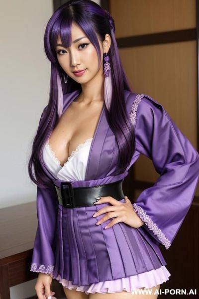 Closeup, tanned skin colour, elaborate flowing hairdo, purple hair with black highlights, milf escort, - ai-porn.ai on pornintellect.com