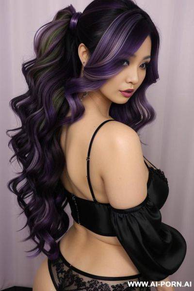 Semi-realistic, elaborate flowing hairdo, purple hair with black highlights, milf escort, - ai-porn.ai on pornintellect.com