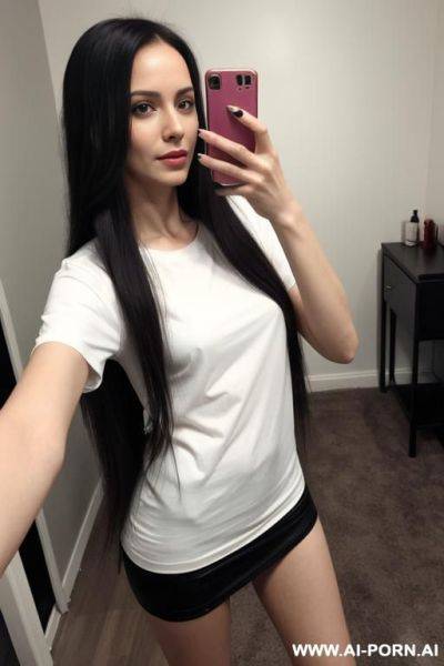 Woman long hair knee-length t-shirt selfie photo in the mirror - ai-porn.ai on pornintellect.com