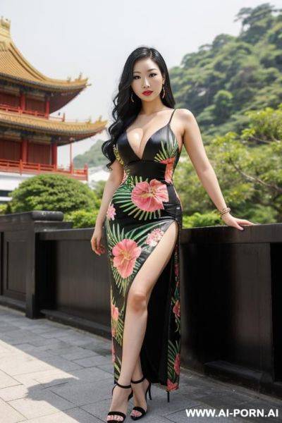 East asian woman, (detailed face), (massive wide hips), black hair, wearing a long tropical dress, chinese dress, wearing high heels, posing outdoors, - ai-porn.ai - China on pornintellect.com