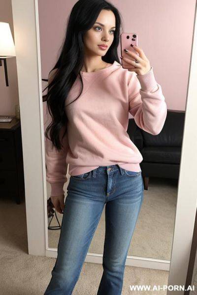 Woman long dark hair jeans pink sweatshirt selfie photo in the mirror - ai-porn.ai on pornintellect.com