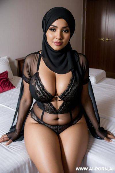 Curvy arabic busty wearing hijab and lingerie sitting on the bed beside black grandpa in bedroom - ai-porn.ai on pornintellect.com