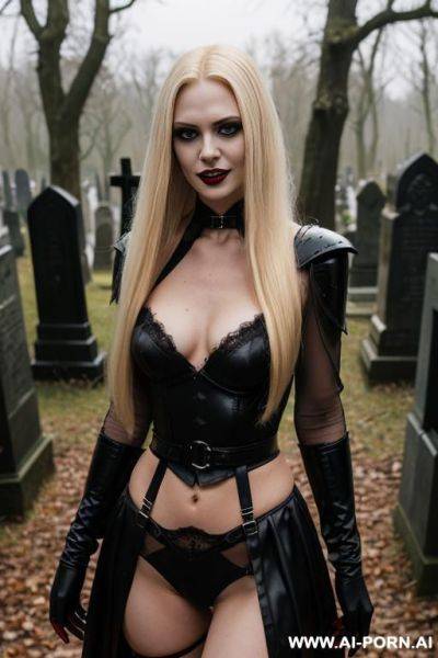 Red eyes long blonde hair. wearing armor. wearing a black dress in a gloomy cemetery. - ai-porn.ai on pornintellect.com