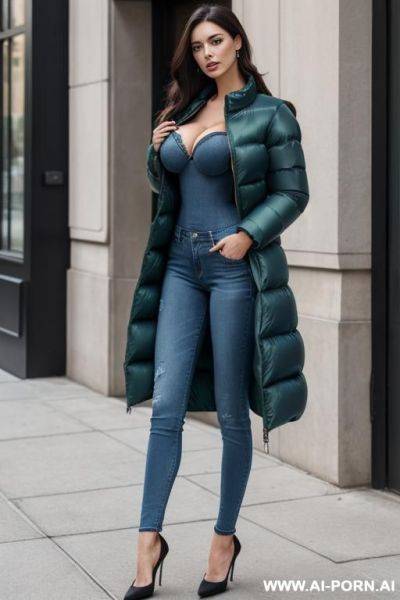 Brunette dark green t-shirt and jeans wearing huge blue puffer jacket - ai-porn.ai on pornintellect.com