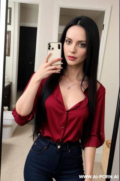 Woman long dark hair red blouse jeans selfie photo in the mirror - ai-porn.ai on pornintellect.com