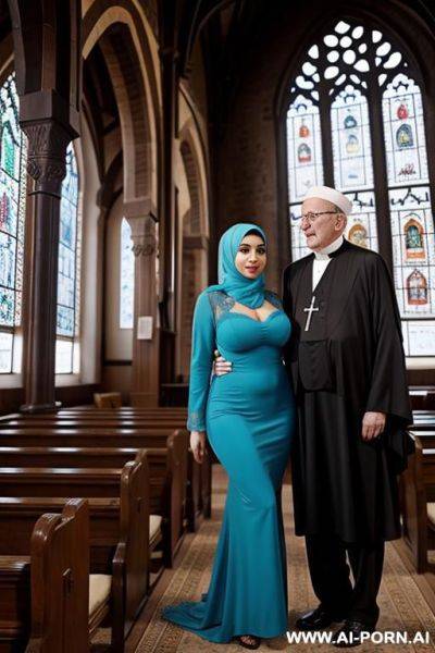 Curvy arabic busty wearing hijab and colored lingerie standing beside old priest in church - ai-porn.ai on pornintellect.com