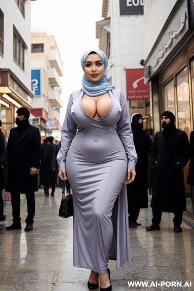 Curvy arabic busty wearing hijab standing naked in crowded street - ai-porn.ai on pornintellect.com