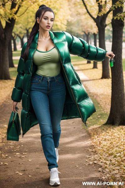 Brunette in park, wearing gigantic oversized shiny green puffer coat, green t-shirt under jacket, blue jeans, - ai-porn.ai on pornintellect.com