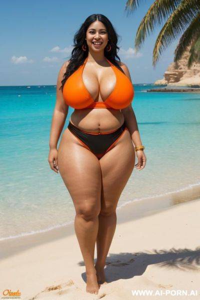 Egyptian queen wearing orange and black colored swimsuit, (long hair), (((massive huge breasts))), full body view, photorealistic, ((chubby woman)), ((wide hips)), ((huge butt)), beach, smiling - ai-porn.ai - Egypt on pornintellect.com