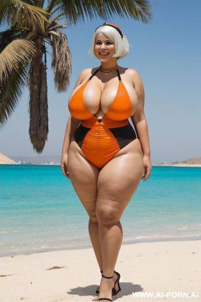 Egyptian queen wearing orange and black colored swimsuit, (white hair), (bobcut hairstyle), (((massive huge breasts))), full body view, photorealistic, ((chubby woman)), ((wide hips)), ((huge butt)), beach, smiling - ai-porn.ai - Egypt on pornintellect.com