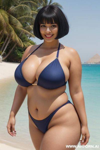 Egyptian queen wearing darkblue swimsuit, (bobcut hairstyle), (((massive huge breasts))), full body view, photorealistic, ((chubby woman)), ((wide hips)), beach, smiling, (showing armpit) - ai-porn.ai - Egypt on pornintellect.com