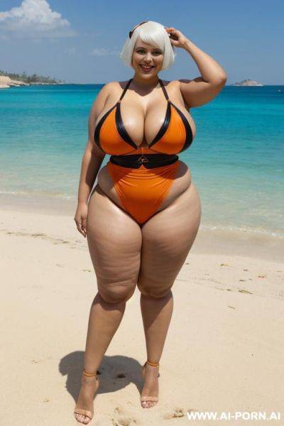 Egyptian queen wearing orange and black colored swimsuit, (white hair), (bobcut hairstyle), (((massive huge breasts))), full body view, photorealistic, ((chubby woman)), ((wide hips)), ((huge butt)), beach, smiling, (showing armpit) - ai-porn.ai - Egypt on pornintellect.com