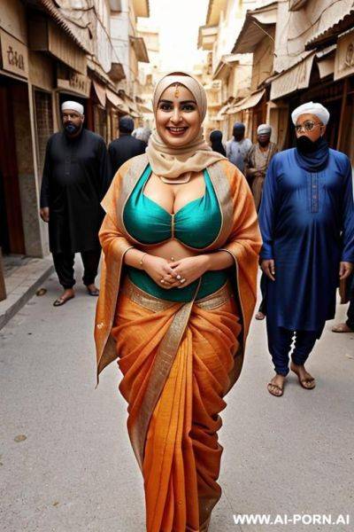 Curvy arabic busty wearing hijab and bikini hugged from black grandpa in crowded street - ai-porn.ai on pornintellect.com