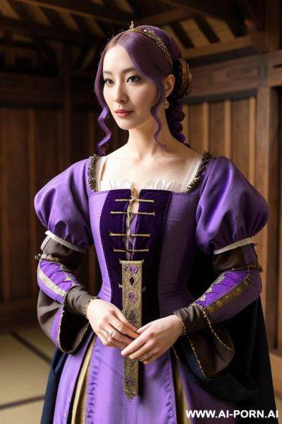 Softrealism, elaborate flowing hairdo, purple hair with black highlights, milf escort, - ai-porn.ai on pornintellect.com