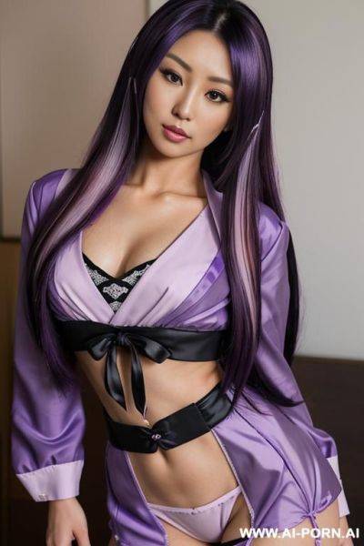 Closeup, tanned skin colour, elaborate flowing hairdo, purple hair with black highlights, milf escort, - ai-porn.ai on pornintellect.com