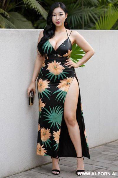 East asian woman, (detailed face), (massive wide hips), black hair, wearing a long tropical dress, wearing high heels, posing outdoors. - ai-porn.ai on pornintellect.com