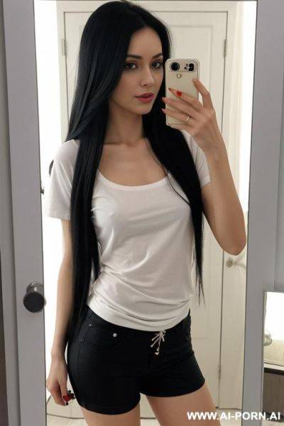Woman long hair knee-length t-shirt selfie photo in the mirror - ai-porn.ai on pornintellect.com