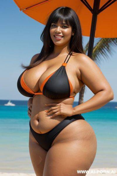 Egyptian queen wearing orange and black colored swimsuit, (long hair with bangs), (((massive huge breasts))), full body view, photorealistic, ((chubby woman)), ((wide hips)), ((huge butt)), beach, smiling, (showing armpit) - ai-porn.ai - Egypt on pornintellect.com