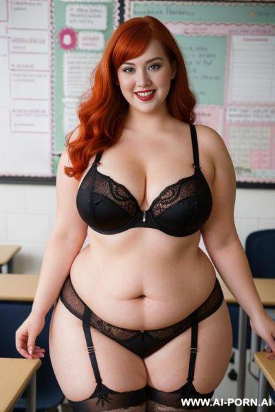 Full body photo shot, about at classroom, fat bbw curvy teacher, wearing a sexy and hot magenta lace stocking lingeries, she is on four points pose - ai-porn.ai on pornintellect.com