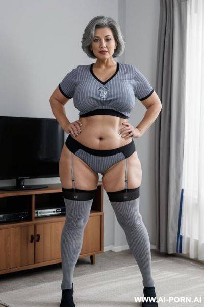 0 year old grandmother, full body, standing, lady, very visible signs of age, short gray hair, triangular hips, thick thighs, wearing a blue football shirt with black stripes, wearing long - ai-porn.ai on pornintellect.com