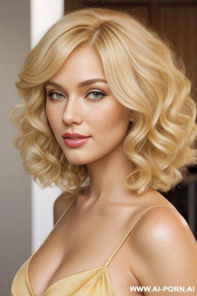 Elegant classy refined blonde pin-up model with giant bouncy fluffy thick voluminous blonde curly bob cut hair, big sexy blonde curls, massive bouncy blonde curls, gorgeous blonde curly hair, big - ai-porn.ai on pornintellect.com