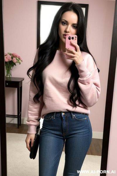 Woman long dark hair jeans pink sweatshirt selfie photo in the mirror - ai-porn.ai on pornintellect.com