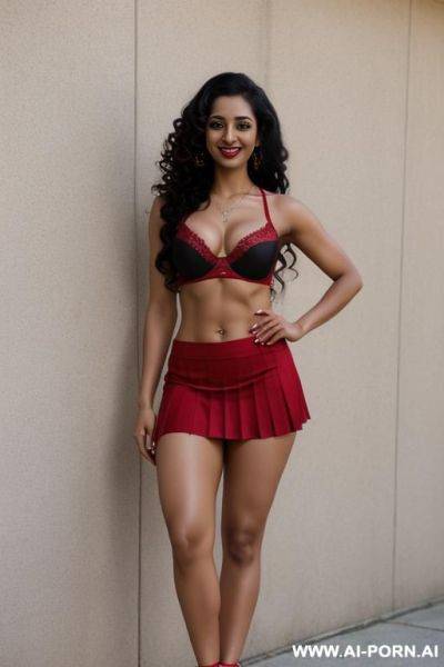 Indian, long curly hair, fit, abs, muscle, navel piercing, red bra, red pleat skirt, looking at camera, tall, stiletto, full body, dance - ai-porn.ai - India on pornintellect.com