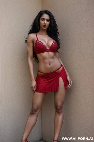 Indian, long curly hair, fit, abs, muscle, navel piercing, red bra, red pleat skirt, looking at camera, tall, stiletto, full body, t pose, open mouth - ai-porn.ai - India on pornintellect.com