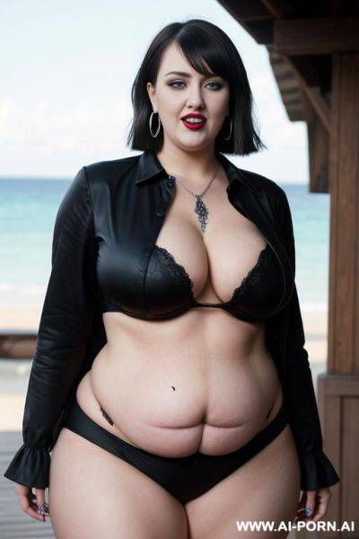 Tall busty goth white woman, 30 years, gorgeous face, thick lips, blue eyes, black bobcut hair, busty hourglass body, massive boobs, waist, abs, pawg, thick legs, beach, full body picture, - ai-porn.ai on pornintellect.com