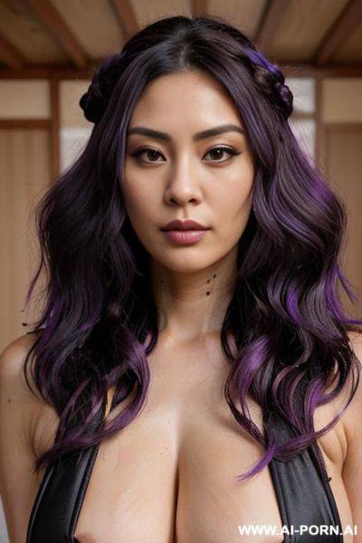 Elaborate flowing hairdo, purple hair with black highlights, milf glamor, bow down, - ai-porn.ai on pornintellect.com