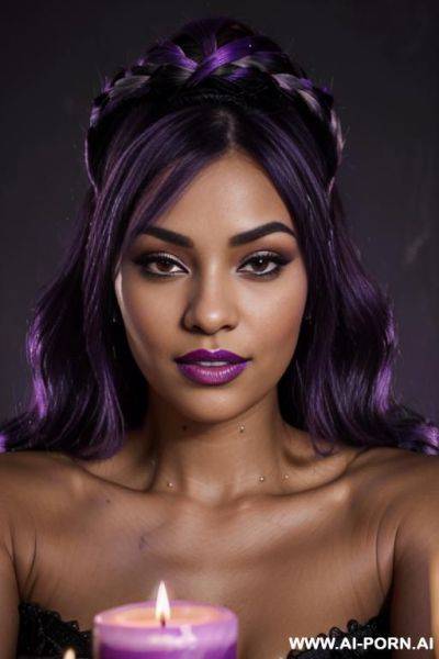 Elaborate flowing hairdo, purple hair with black highlights, glamor, bow down, - ai-porn.ai on pornintellect.com