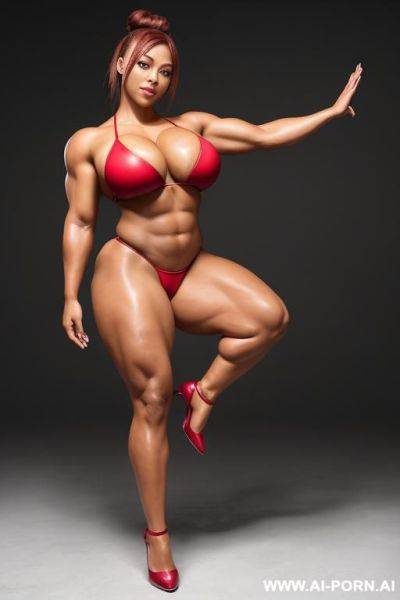 Thick muscle-bound woman, super-busty beauty, enormous breasts, gigantic boobs, enormous legs, thick legs-muscles, huge quadriceps, huge legs, tremendously busty, wide xxl legs, sizeable legs, large legs, - ai-porn.ai on pornintellect.com