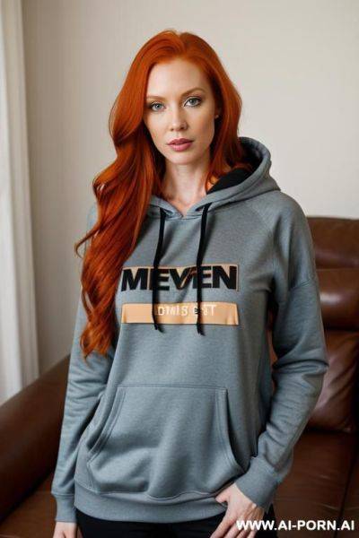 Mussed long ginger hair, hoodie, living room - ai-porn.ai on pornintellect.com