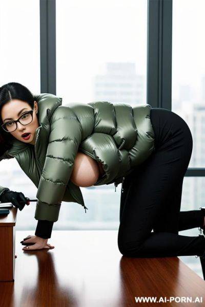 Secretary with gigantic boobs, standing at desk, ready to get fucked from behind, ((wearing gigantic puffer jacket)) - ai-porn.ai on pornintellect.com