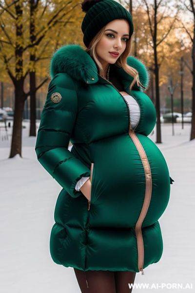 A pretty pregnant hungarian woman 20 years old, big breasts, rounded, gigantic green puffer coat - ai-porn.ai - Hungary on pornintellect.com