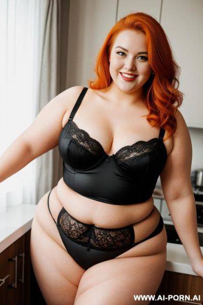 Full body photo shot, about at elegant kitchen, fat bbw curvy with love handless and tummy, she is 30 years old, wearing a sexy and hot orange gartert belt lingeries, she is eating someg. - ai-porn.ai on pornintellect.com