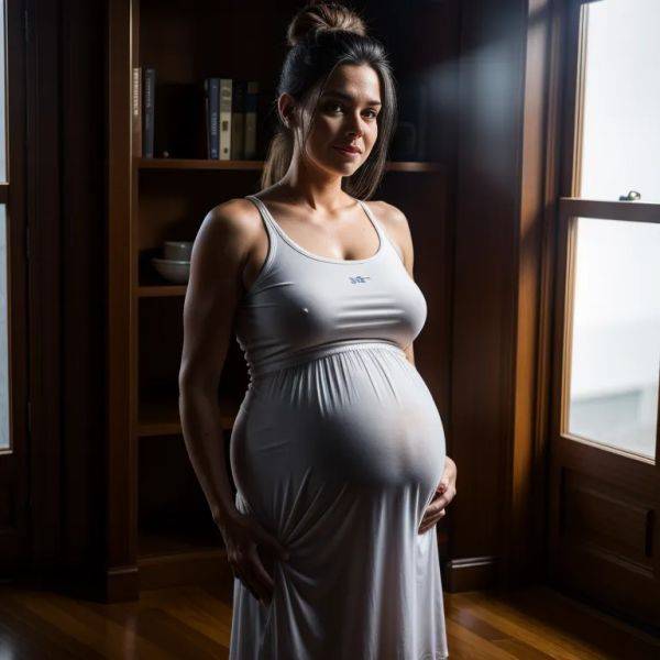 ,white people,woman,elder,(RAW photo, best quality, masterpiece:1.1), (realistic, photo-realistic:1.2), ultra-detailed, ultra high res, physically-based rendering,long hair,hair bun,black hair,happy,pregnant,standing,(adult:1.5) - pornmake.ai on pornintellect.com