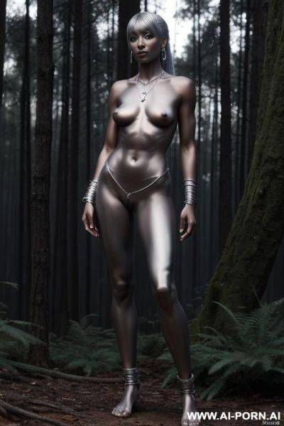 Drow. forest. toned body. abs. silver anklet. silver hip chain. silver necklace. silver earrings. silver bracer. ponytail with bangs. - ai-porn.ai on pornintellect.com