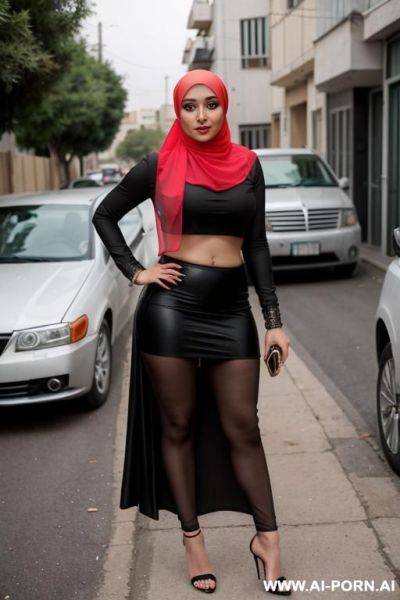 A thick hijab wearing arabic woman in her late 20s wearing a micro skirt ,see through crop top and high heels bending over on a street and spreading her ass - ai-porn.ai on pornintellect.com