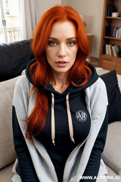 French woman, messy and mussed long ginger hair, massive breasts, hoodie, living room - ai-porn.ai - France on pornintellect.com