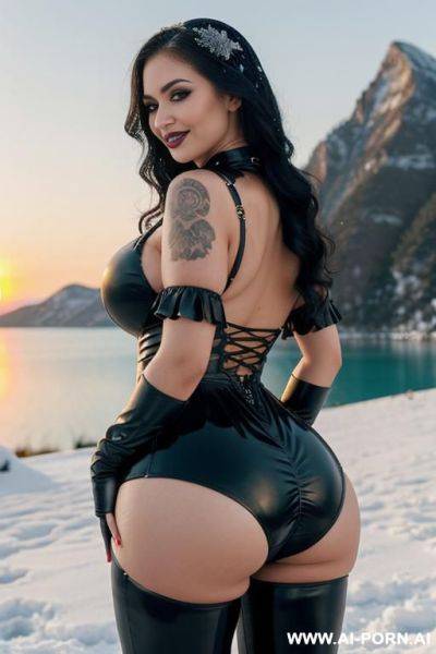 Beautiful woman, american, ebony, brunette, mid 20s, long hair, black leather pants, natural boobs, body, big hips, smiling, mediterranean city and sea in background, (((snow mountain lake at - ai-porn.ai - Usa on pornintellect.com