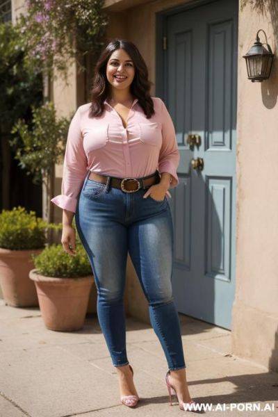 Pink blouse, belt, denim jean, high heels, posing in front of whitw house, chubby, hands in pockets - ai-porn.ai on pornintellect.com