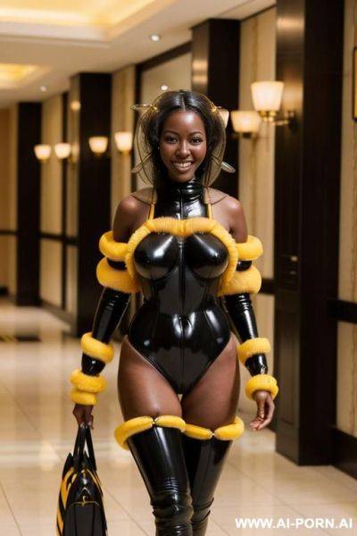 Ebony, ((completely black skin)), ((naked)), 20 years, ((busty)), perfect tits, ((beautiful face)), smiling, delicate, (oiled skin), walking, hotel lobby - ai-porn.ai on pornintellect.com