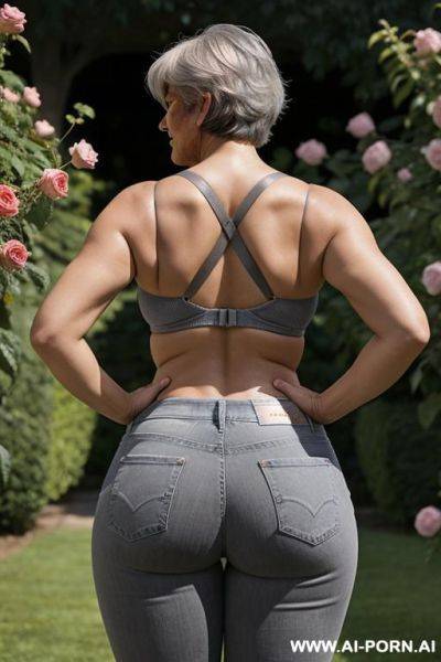 Back view, 0-year-old grandmother, short gray hair, visible age marks, triangle hips, thick thighs, wearing jeans and bra, hands on hips, rose garden - ai-porn.ai on pornintellect.com