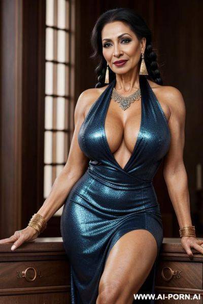 Rich, elegant, old nude gilf, black hair, high heels, earrings, bracelet, necklace, natural body, make-up, lipstick, no panties, blue micro dress with long slits, no bra, sitting, front view, wide shot - ai-porn.ai on pornintellect.com