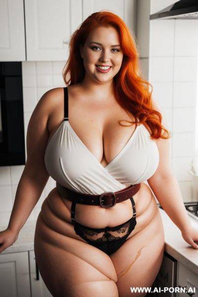 Full body photo shot, about at kitchen, so fat bbw curvy, wearing a sexy and hot gartert belt lingerie, she is eating. - ai-porn.ai on pornintellect.com