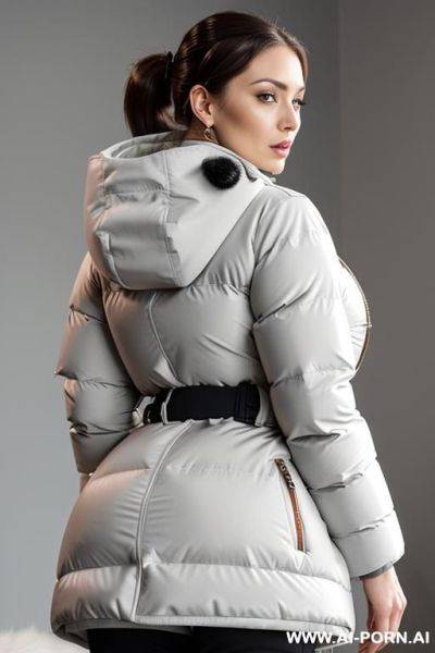 Suburb mom with gigantic ass wearing gigantic puffer coat, viewed from the back, looking back into camera, (((cumshot on ass in puffer coat))) - ai-porn.ai on pornintellect.com