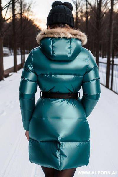 Suburb mom with gigantic ass wearing gigantic puffer coat, viewed from the back, looking back into camera - ai-porn.ai on pornintellect.com